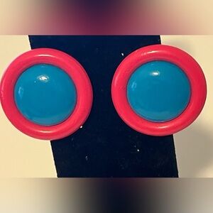 Vintage 60’s Big Round Clip on Earrings/ psychedelic pink and blue